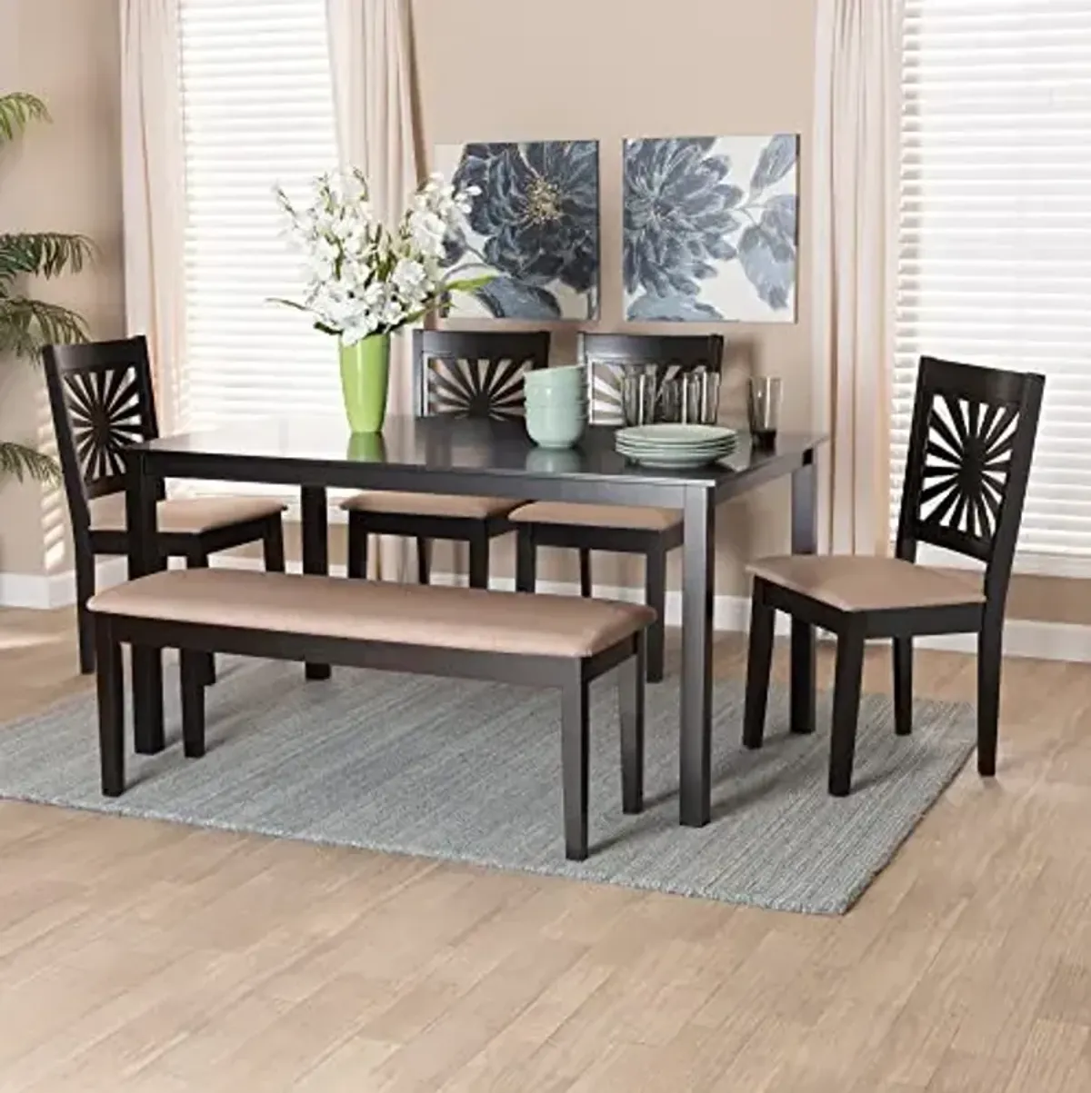 Baxton Studio Olympia Dining Set, 6-Piece, Beige/Espresso Brown