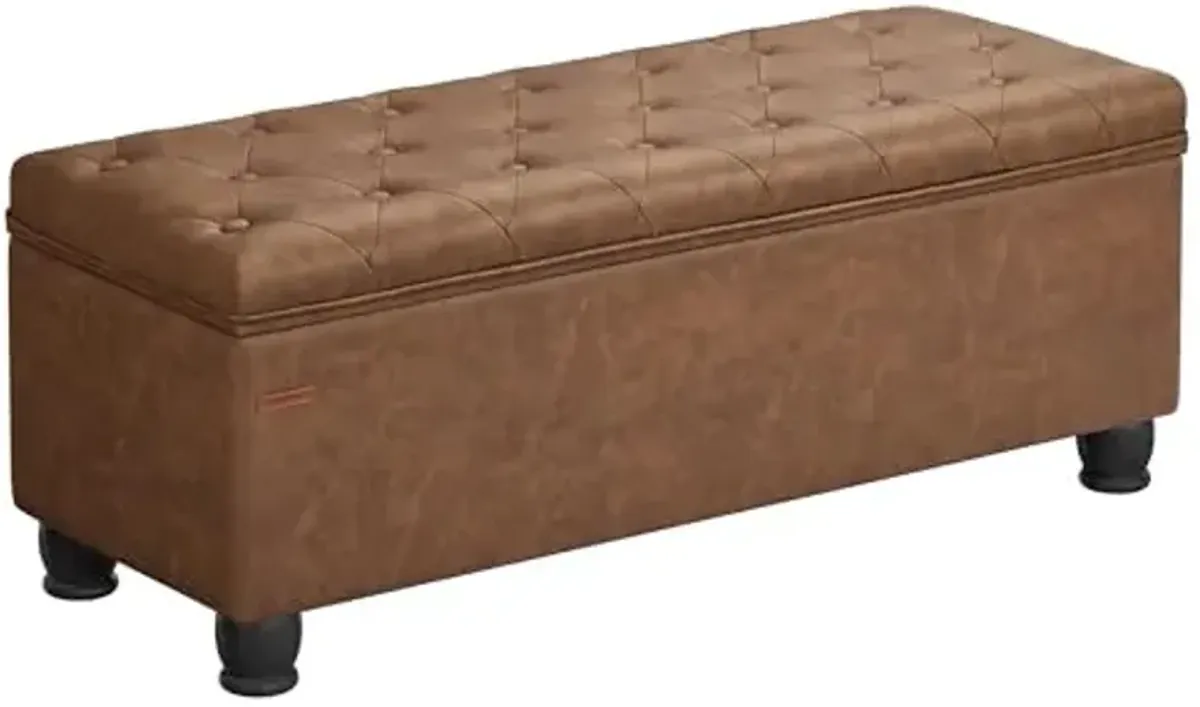 SONGMICS Storage Ottoman, Storage Bench, Tufted Entryway Bedroom Bench, 17.7 x 46.5 x 17.7 Inches, Hinges Easy Lid Operation, Wooden Legs, Synthetic Leather, Loads 330 lb, Coffee Brown ULOM071K01