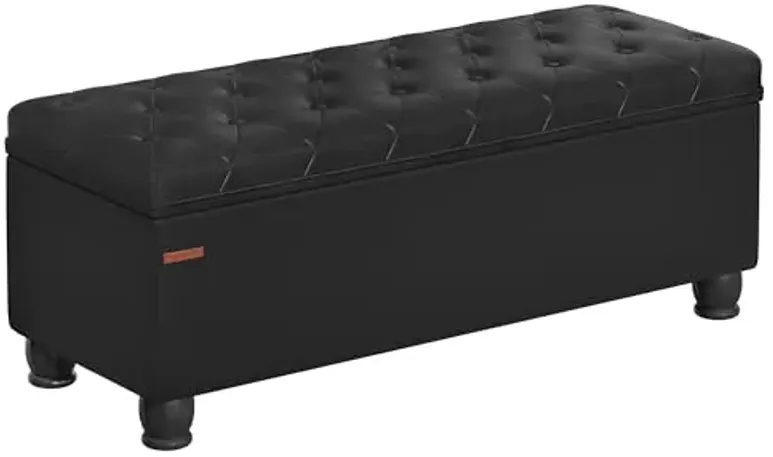 SONGMICS Storage Ottoman, Storage Bench, Tufted Entryway Bedroom Bench, 17.7 x 46.5 x 17.7 Inches, Hinges Easy Lid Operation, Wooden Legs, Synthetic Leather, Loads 330 lb, Classic Black ULOM071B01