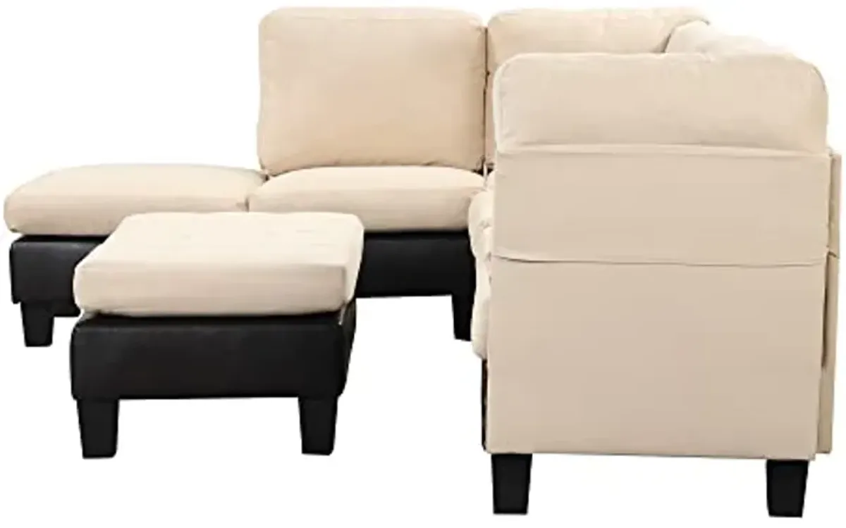 Divano Roma Furniture Modern 3 Piece Microfiber and Faux Leather L Shaped Sectional Sofa with Reversible Chaise & Ottoman, Large, Beige