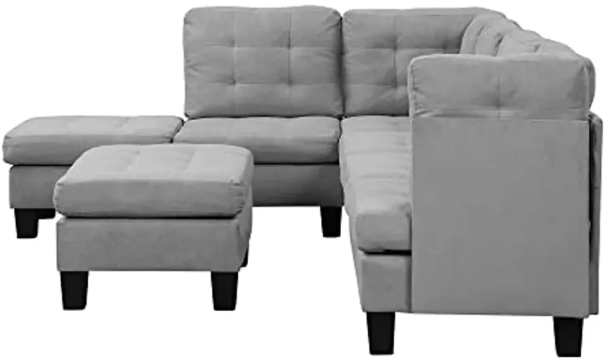 Divano Roma Furniture Modern Tufted Micro Suede L Shaped Sectional Sofa Couch with Reversible Chaise & Ottoman, Large, Grey