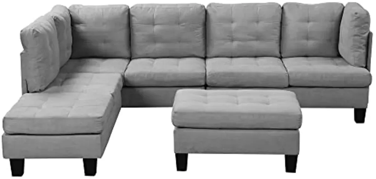 Divano Roma Furniture Modern Tufted Micro Suede L Shaped Sectional Sofa Couch with Reversible Chaise & Ottoman, Large, Grey