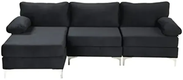 Divano Roma Furniture Modern Velvet L-Shape Sectional Sofa, with Extra Wide Chaise Lounge Couch, Black