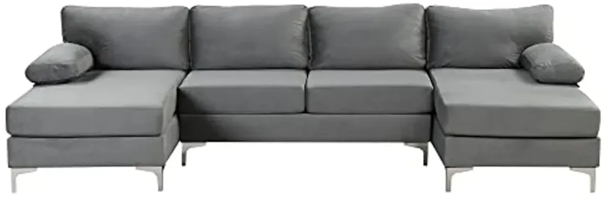 Divano Roma Furniture Modern Large Velvet Fabric U-Shape Sectional Sofa, Double Extra Wide Chaise Lounge Couch, Grey