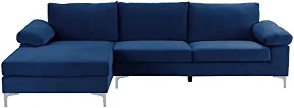Divano Roma Furniture Modern Velvet L-Shape Sectional Sofa, with Extra Wide Chaise Lounge Couch, Navy