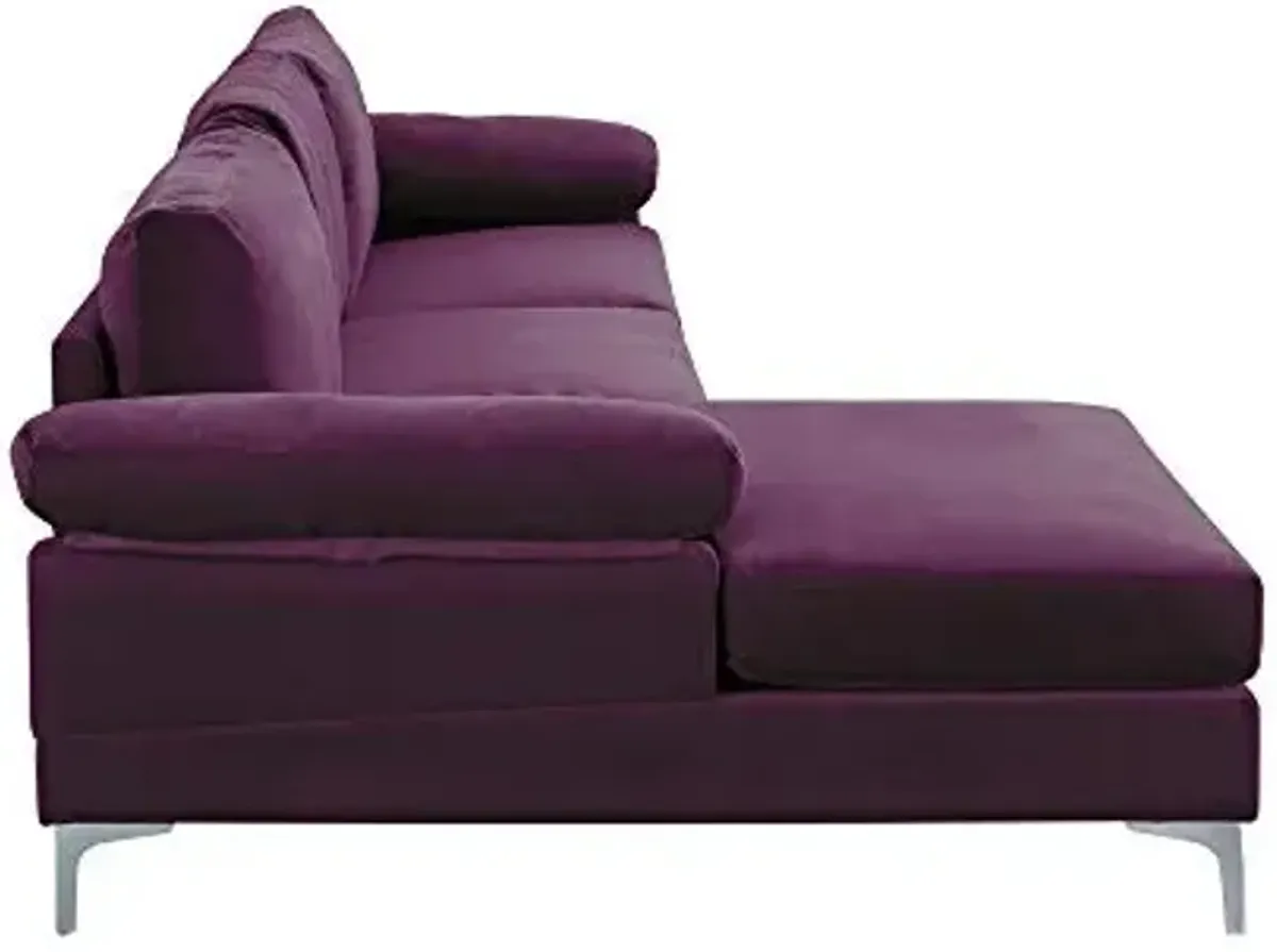 Divano Roma Furniture Modern Velvet L-Shape Sectional Sofa, with Extra Wide Chaise Lounge Couch, Purple