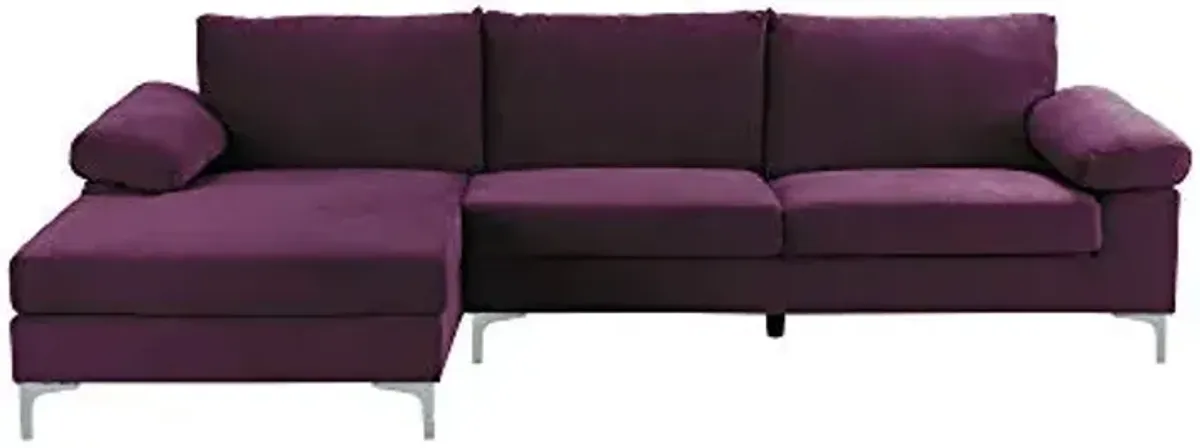 Divano Roma Furniture Modern Velvet L-Shape Sectional Sofa, with Extra Wide Chaise Lounge Couch, Purple