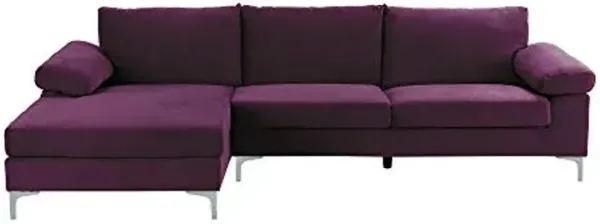 Divano Roma Furniture Modern Velvet L-Shape Sectional Sofa, with Extra Wide Chaise Lounge Couch, Purple