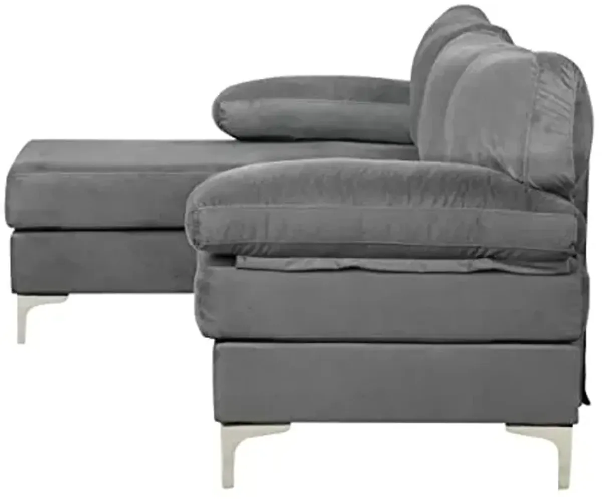 Divano Roma Furniture Modern Velvet L-Shape Sectional Sofa, with Extra Wide Chaise Lounge Couch, Grey