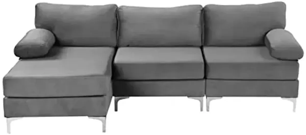 Divano Roma Furniture Modern Velvet L-Shape Sectional Sofa, with Extra Wide Chaise Lounge Couch, Grey