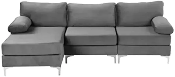 Divano Roma Furniture Modern Velvet L-Shape Sectional Sofa, with Extra Wide Chaise Lounge Couch, Grey