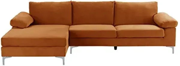 Divano Roma Furniture Modern Velvet L-Shape Sectional Sofa, with Extra Wide Chaise Lounge Couch, Orange