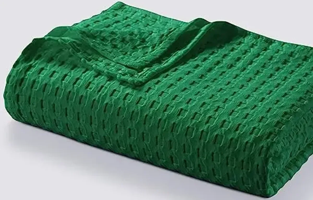 Tribeca Living Chunky Waffle Weave Cotton Blanket Queen Size, Garment Washed Soft Light Weight Breathable Oversized Blanket for All Season, Vienna/Emerald Green