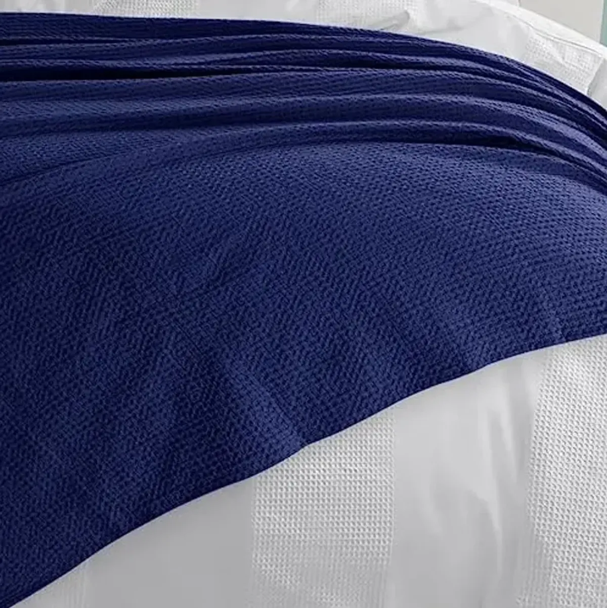 Tribeca Living Waffle Weave Cotton Blanket Queen Size, Garment Washed Soft Light Weight Breathable Oversized Blanket for All Season, Madrid/Midnight Blue