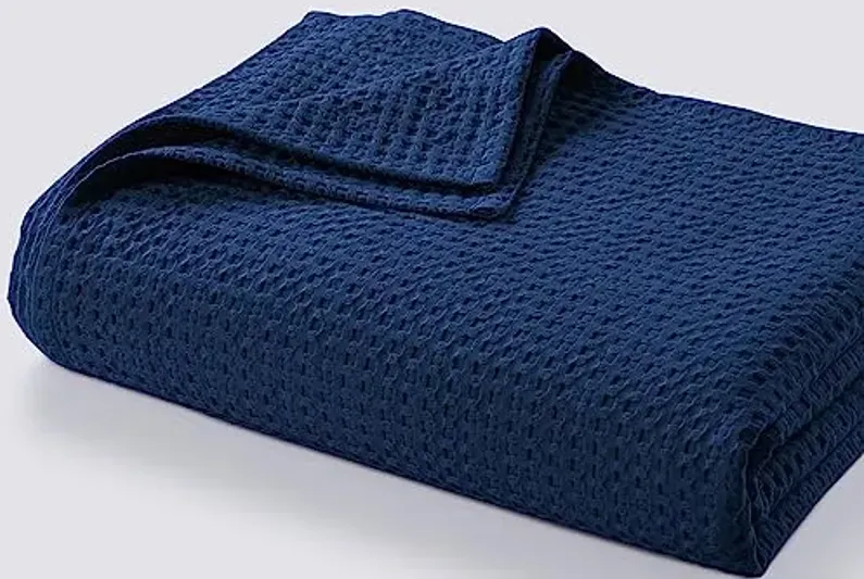 Tribeca Living Waffle Weave Cotton Blanket Queen Size, Garment Washed Soft Light Weight Breathable Oversized Blanket for All Season, Madrid/Midnight Blue
