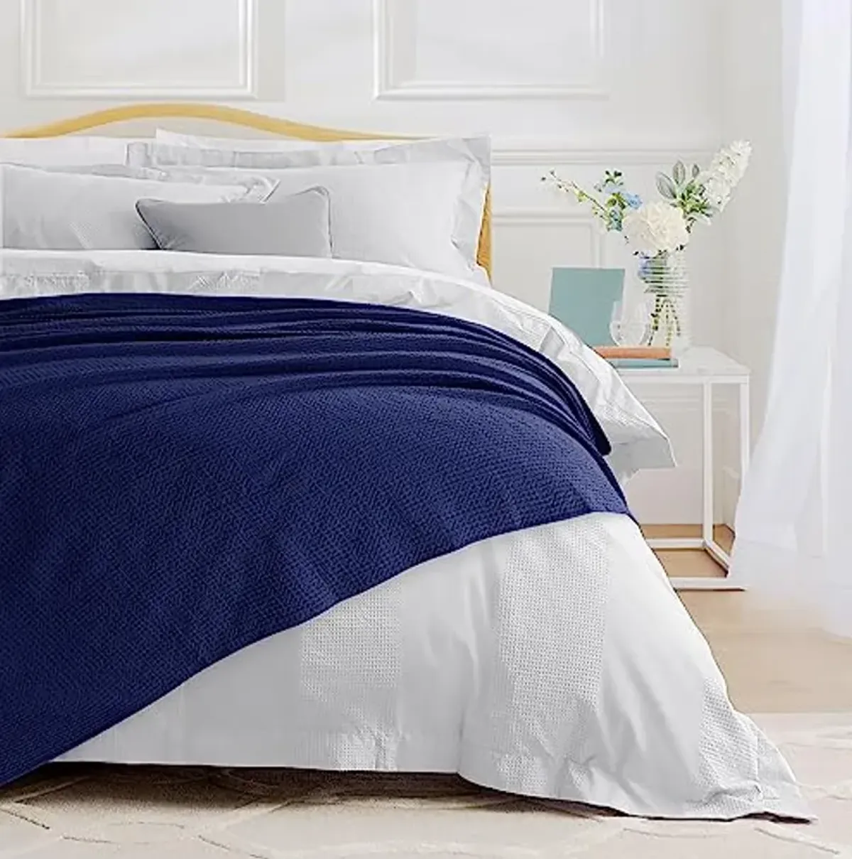 Tribeca Living Waffle Weave Cotton Blanket Queen Size, Garment Washed Soft Light Weight Breathable Oversized Blanket for All Season, Madrid/Midnight Blue