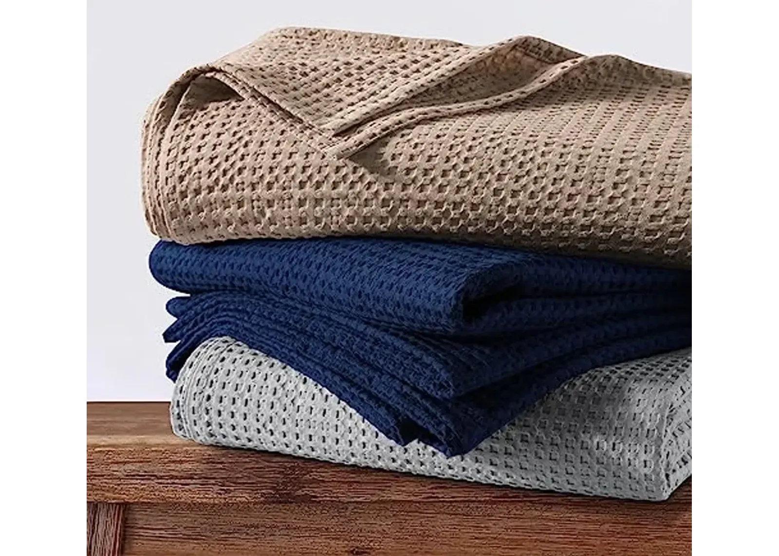 Tribeca Living Waffle Weave Cotton Blanket Queen Size, Garment Washed Soft Light Weight Breathable Oversized Blanket for All Season, Madrid/Midnight Blue