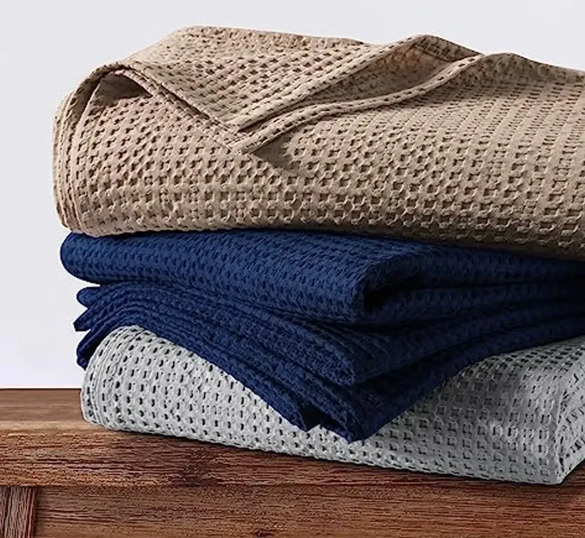 Tribeca Living Waffle Weave Cotton Blanket Queen Size, Garment Washed Soft Light Weight Breathable Oversized Blanket for All Season, Madrid/Midnight Blue