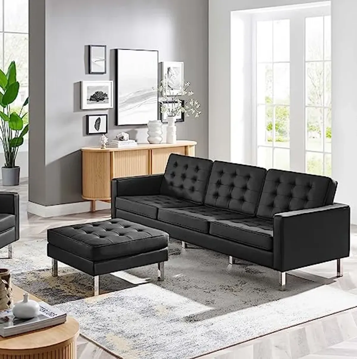 Modway EEI-6410-SLV-BLK-SET Loft Tufted Vegan Leather Sofa and Ottoman Set, Silver Black