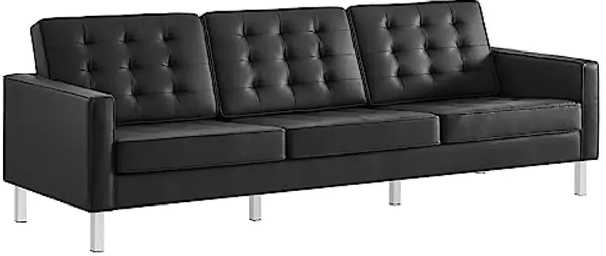 Modway EEI-6410-SLV-BLK-SET Loft Tufted Vegan Leather Sofa and Ottoman Set, Silver Black