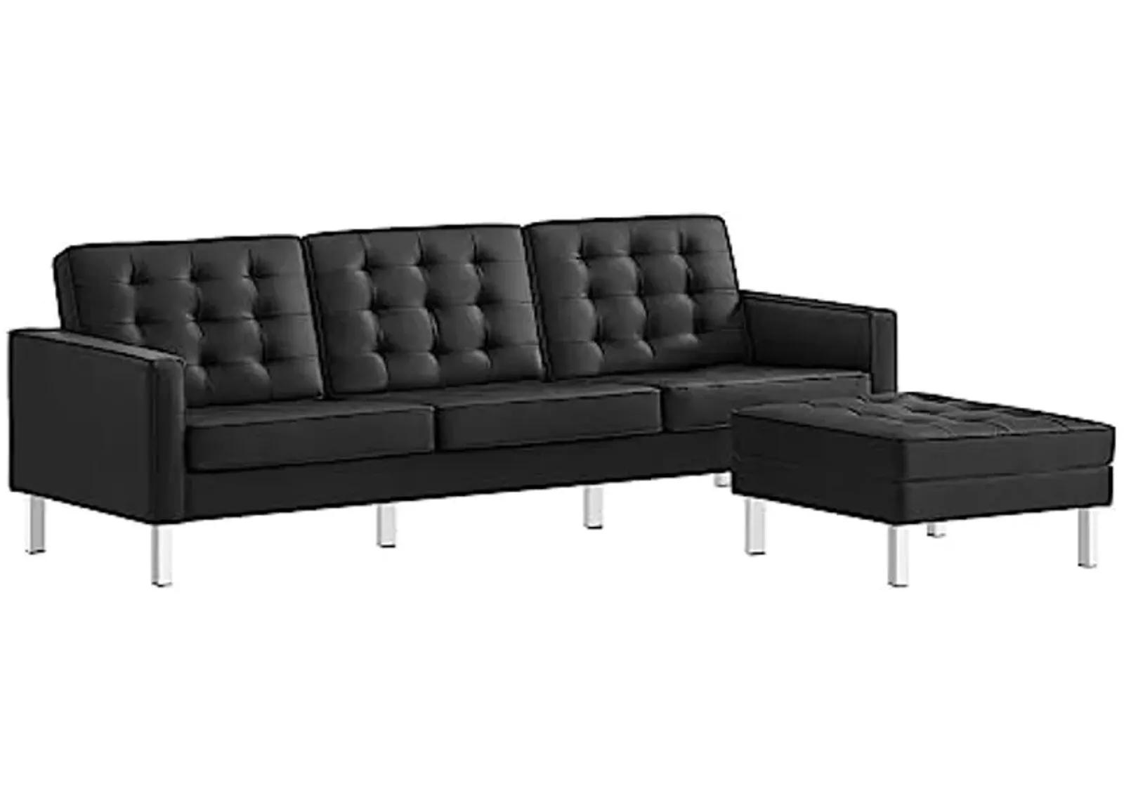 Modway EEI-6410-SLV-BLK-SET Loft Tufted Vegan Leather Sofa and Ottoman Set, Silver Black