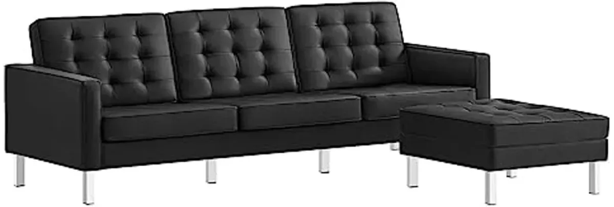 Modway EEI-6410-SLV-BLK-SET Loft Tufted Vegan Leather Sofa and Ottoman Set, Silver Black