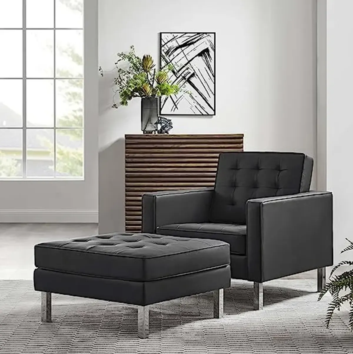 Modway EEI-6409-SLV-BLK-SET Loft Tufted Vegan Leather Armchair and Ottoman Set, Silver Black