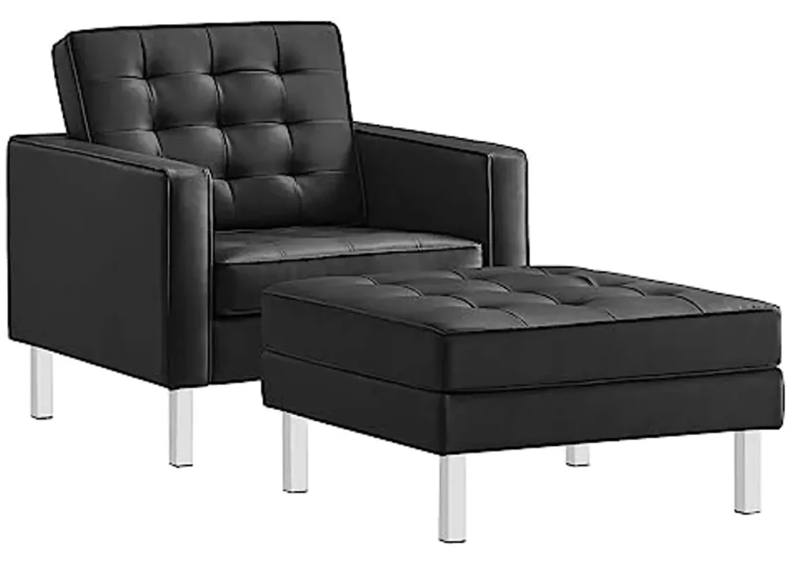 Modway EEI-6409-SLV-BLK-SET Loft Tufted Vegan Leather Armchair and Ottoman Set, Silver Black