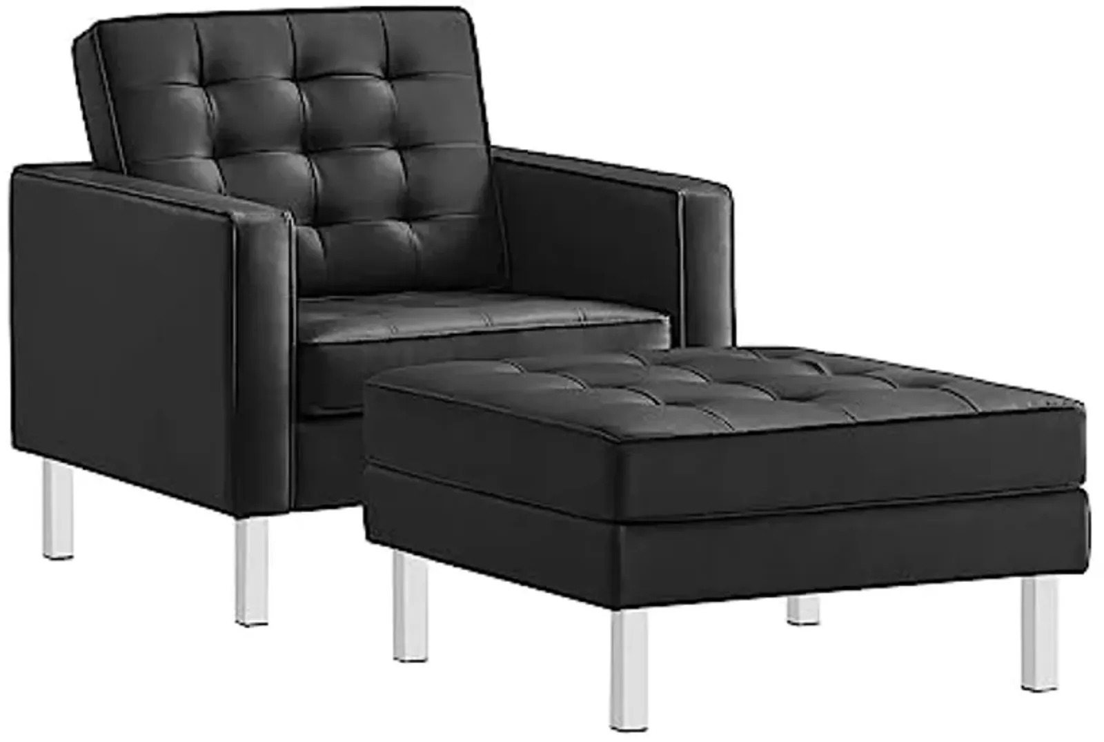 Modway EEI-6409-SLV-BLK-SET Loft Tufted Vegan Leather Armchair and Ottoman Set, Silver Black