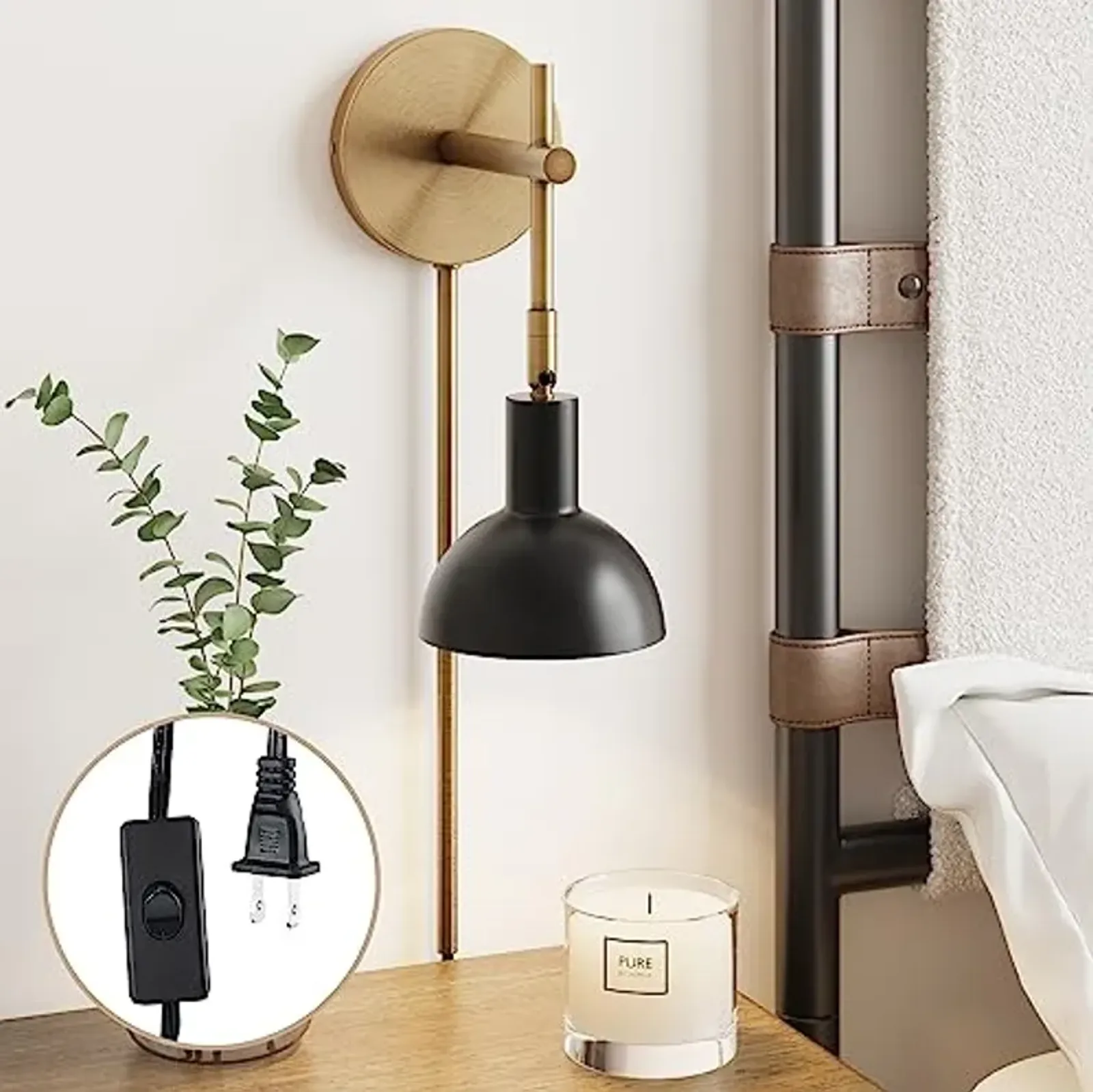 Nathan James Tamlin Wall Light Fixture, Wall Mounted 1-Light Lamp, Plugin Sconce with On/Off Switch for Living Room, Reading Nook or Bedroom, Vintage Brass/Matte Black