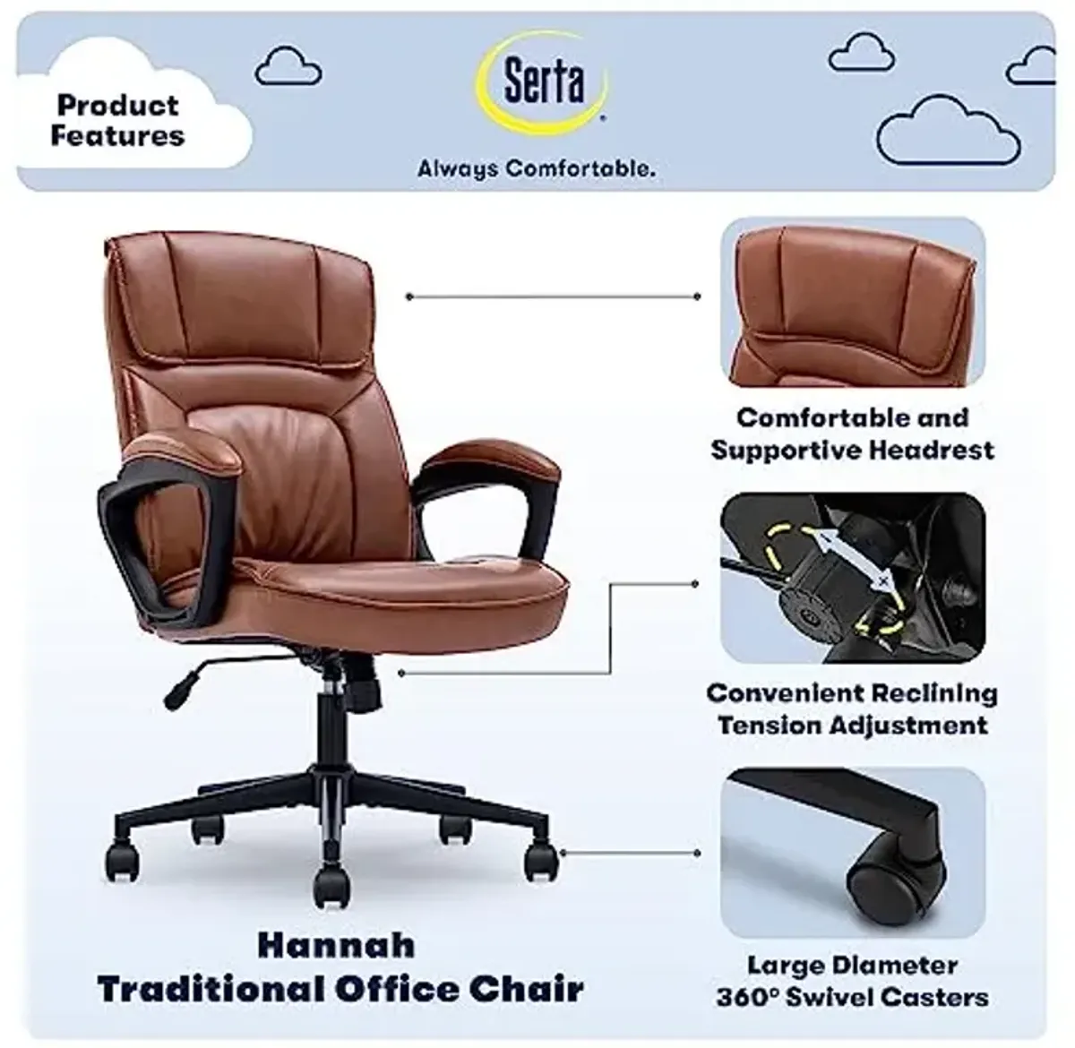 Serta Hannah Executive Home Office Desk Chair, Ergonomic Mid-Back with Lumbar Support, Firm Seat Cushion, Layered Body Pillows, Padded Armrests, Swivel Base, Easy Assembly, Bonded Leather, Cognac