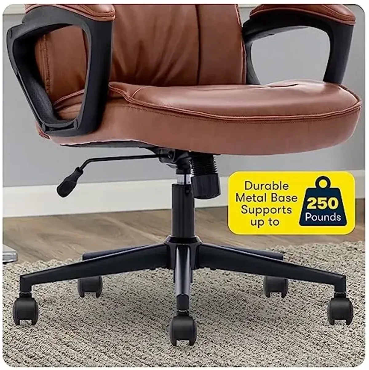 Serta Hannah Executive Home Office Desk Chair, Ergonomic Mid-Back with Lumbar Support, Firm Seat Cushion, Layered Body Pillows, Padded Armrests, Swivel Base, Easy Assembly, Bonded Leather, Cognac