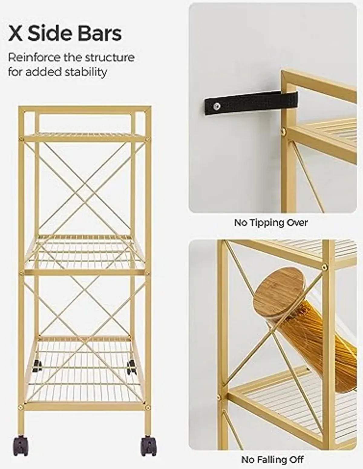 SONGMICS 3-Tier Metal Storage Rack with Wheels, Mesh Shelving Unit with X Side Frames, 31.5-Inch Width, for Entryway, Kitchen, Living Room, Bathroom, Industrial Style, Metallic Gold UBSC183A01