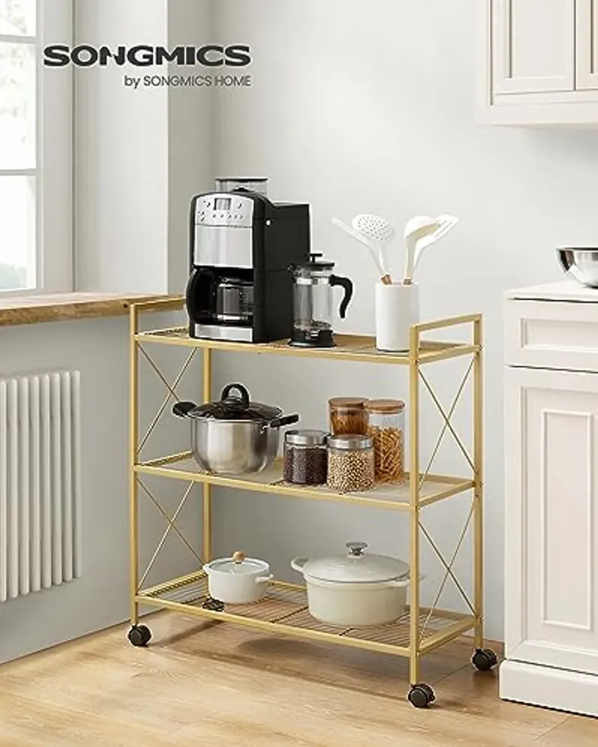 SONGMICS 3-Tier Metal Storage Rack with Wheels, Mesh Shelving Unit with X Side Frames, 31.5-Inch Width, for Entryway, Kitchen, Living Room, Bathroom, Industrial Style, Metallic Gold UBSC183A01