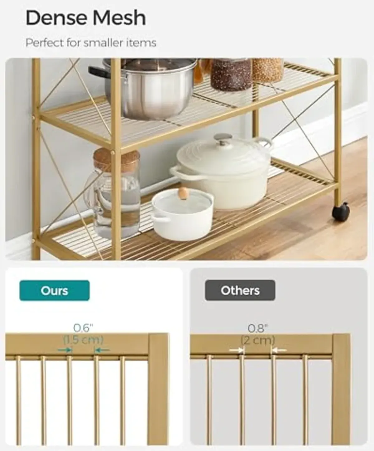 SONGMICS 3-Tier Metal Storage Rack with Wheels, Mesh Shelving Unit with X Side Frames, 31.5-Inch Width, for Entryway, Kitchen, Living Room, Bathroom, Industrial Style, Metallic Gold UBSC183A01