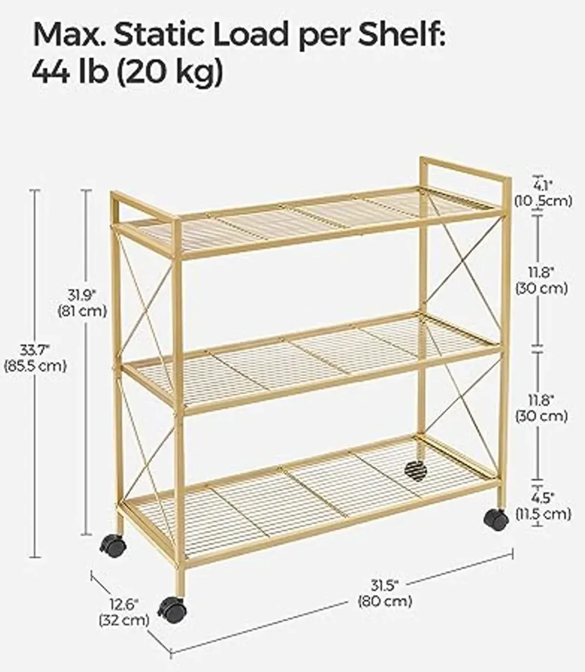 SONGMICS 3-Tier Metal Storage Rack with Wheels, Mesh Shelving Unit with X Side Frames, 31.5-Inch Width, for Entryway, Kitchen, Living Room, Bathroom, Industrial Style, Metallic Gold UBSC183A01