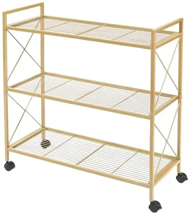 SONGMICS 3-Tier Metal Storage Rack with Wheels, Mesh Shelving Unit with X Side Frames, 31.5-Inch Width, for Entryway, Kitchen, Living Room, Bathroom, Industrial Style, Metallic Gold UBSC183A01