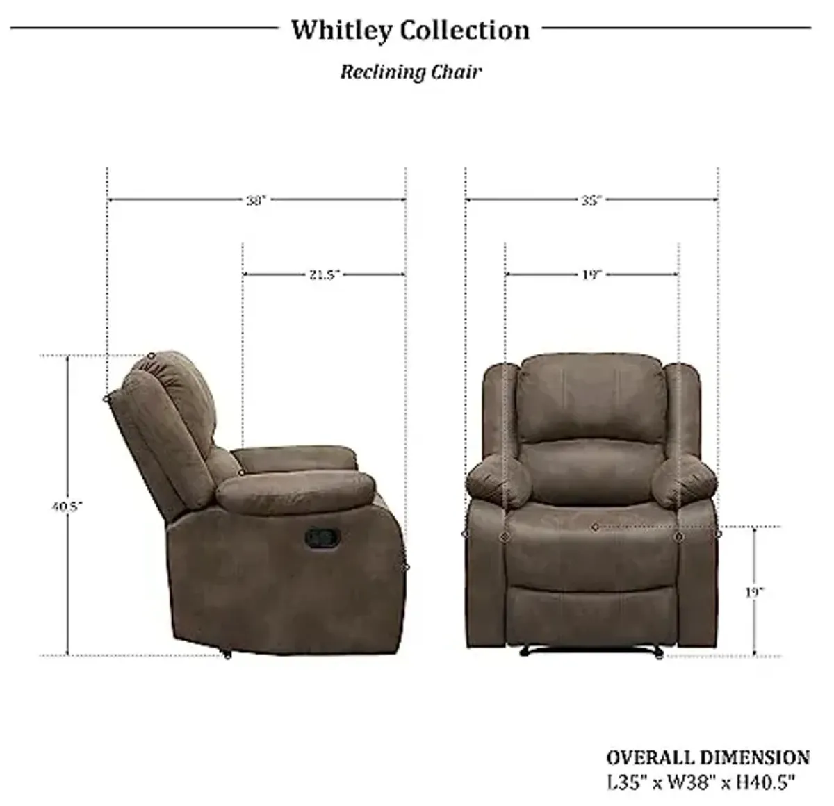 Lexicon Manual Recliner Sofa Chair, Home Theater Seating, Wall Hugger Manual Reclining Nursery Chair for Bedroom/Living Room/Office/Apartment, Brown Polished Microfiber