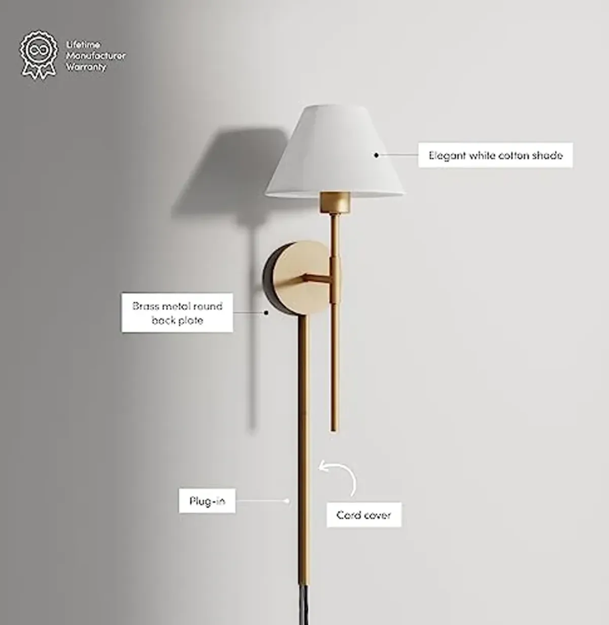 Nathan James Millie Plug-in Wall Sconce, Wall Mounted Bedside Reading Lamp with Cotton Shade and Brass Back Plate