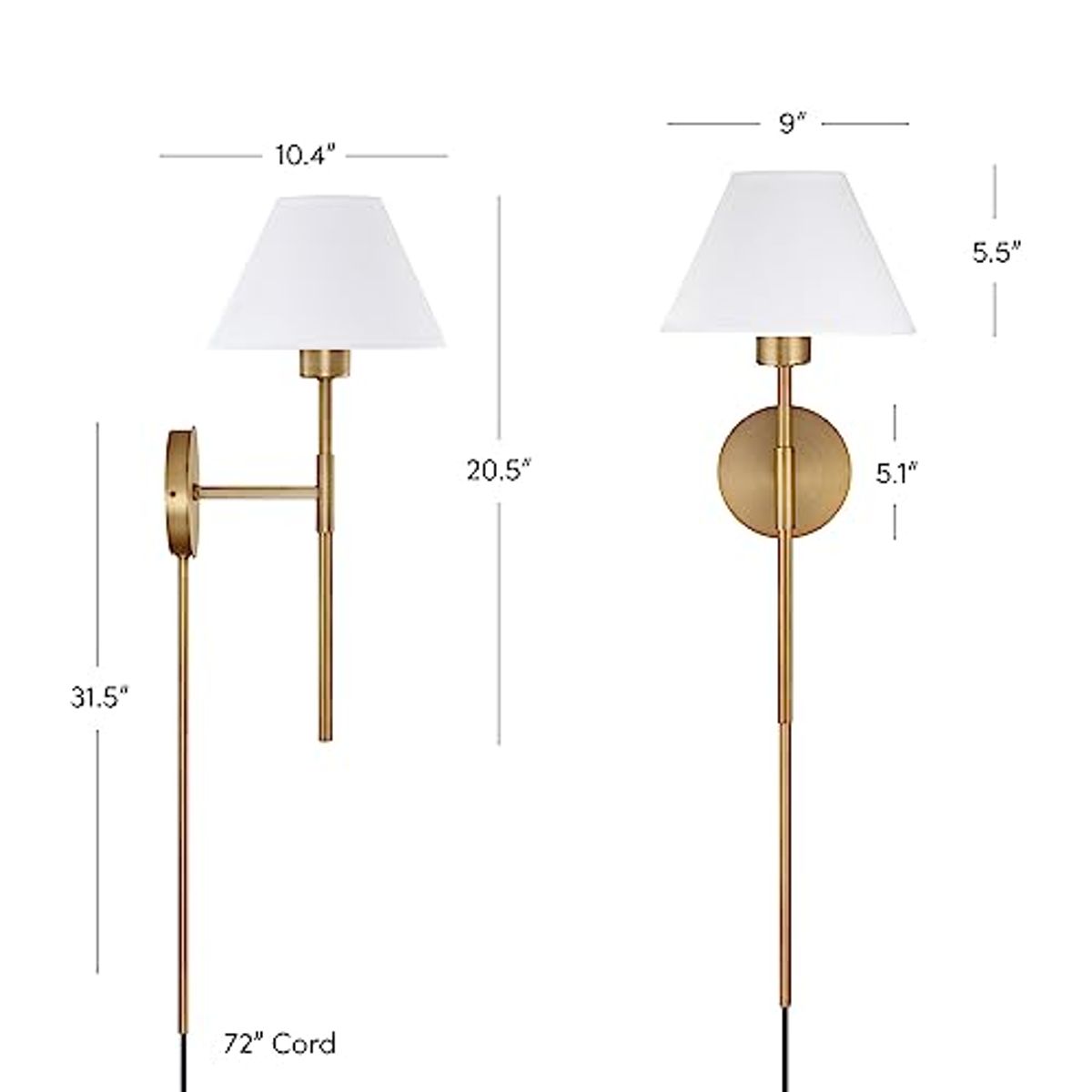 Nathan James Millie Plug-in Wall Sconce, Wall Mounted Bedside Reading Lamp with Cotton Shade and Brass Back Plate