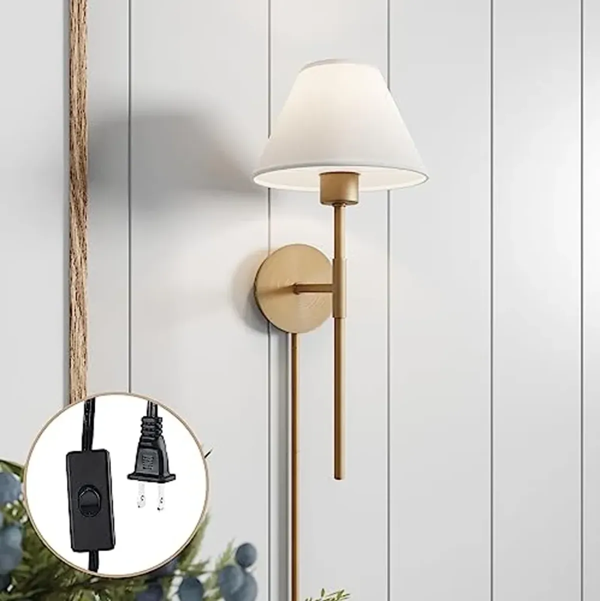 Nathan James Millie Plug-in Wall Sconce, Wall Mounted Bedside Reading Lamp with Cotton Shade and Brass Back Plate