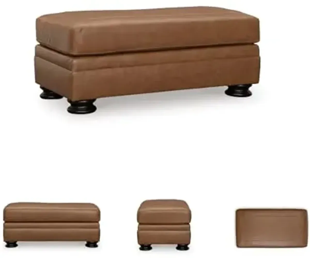 Signature Design by Ashley Carianna Traditional Firmly Cushioned Leather Rectangular Ottoman with Decorative Turn Legs, Brown