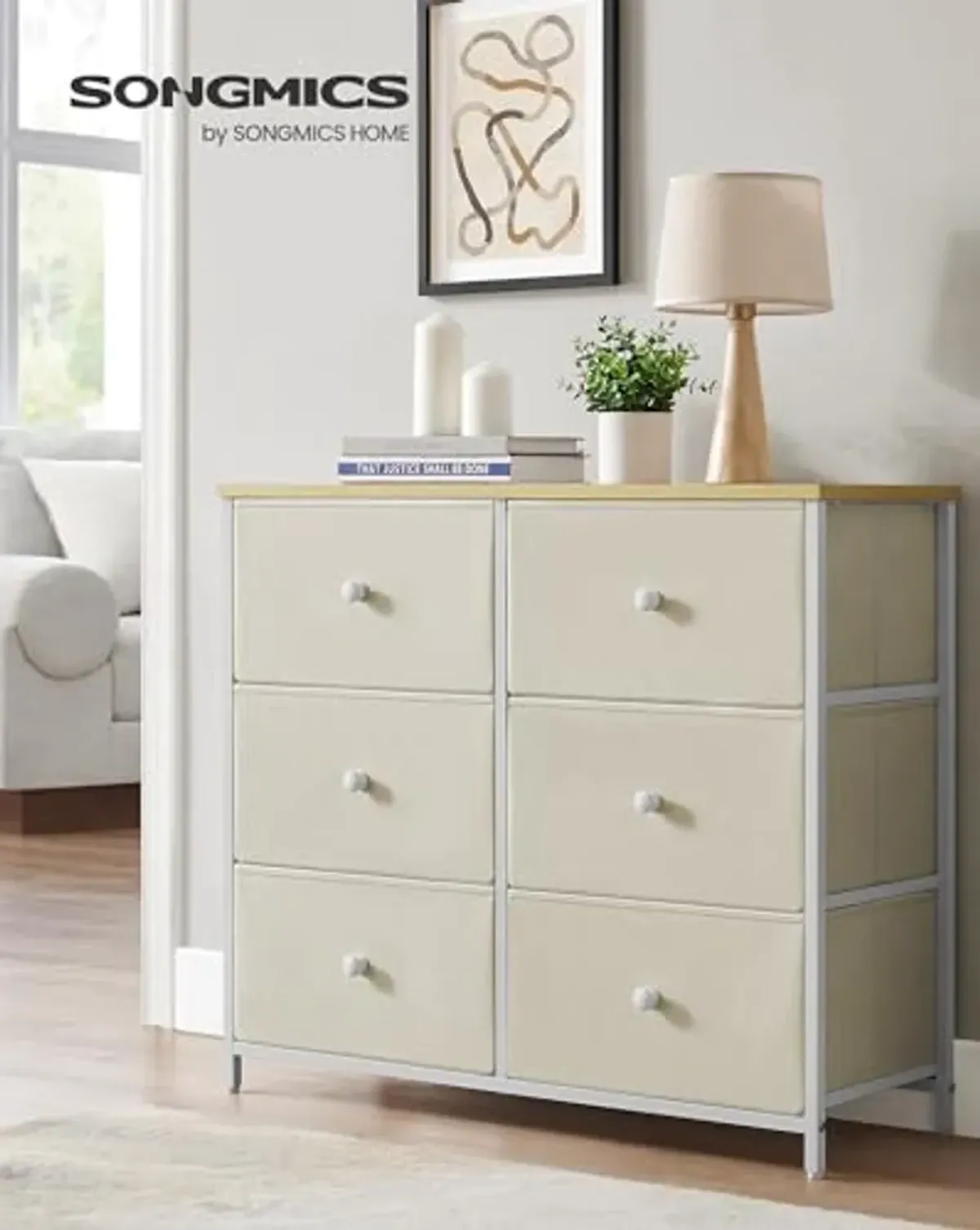 SONGMICS Bedroom, Chest, 6 Drawer, Closet Fabric Dresser with Metal Frame, by The Yard, Camel Yellow + Cream White