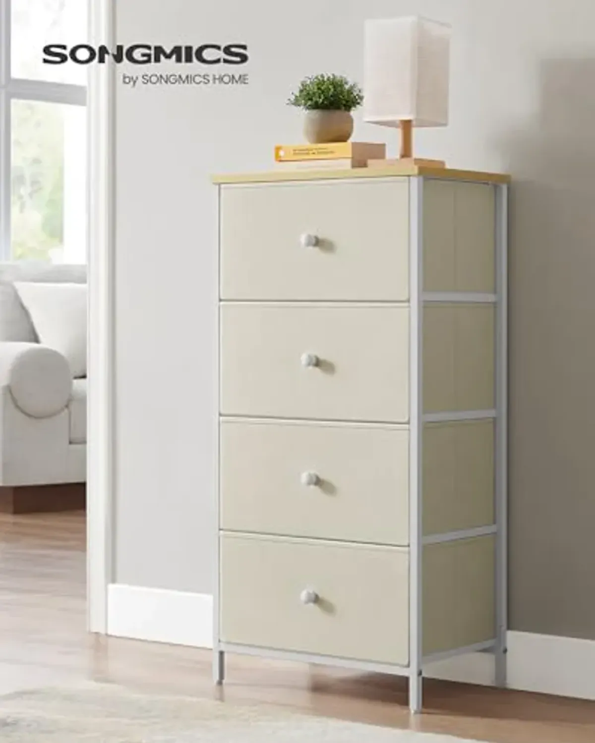 SONGMICS Dresser for Bedroom, Fabric Dresser with 4 Drawers, Metal Frame, Small Chest of Drawers, Camel Yellow and Cream White ULTS314W01