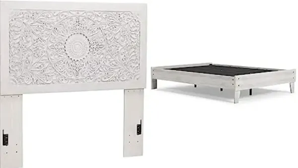 Signature Design by Ashley Paxberry Boho Chic Panel Adjustable Headboard ONLY, Full, Whitewash and Signature Design by Ashley Shawburn Casual Farmhouse Platform Bed Frame, Full, Whitewash