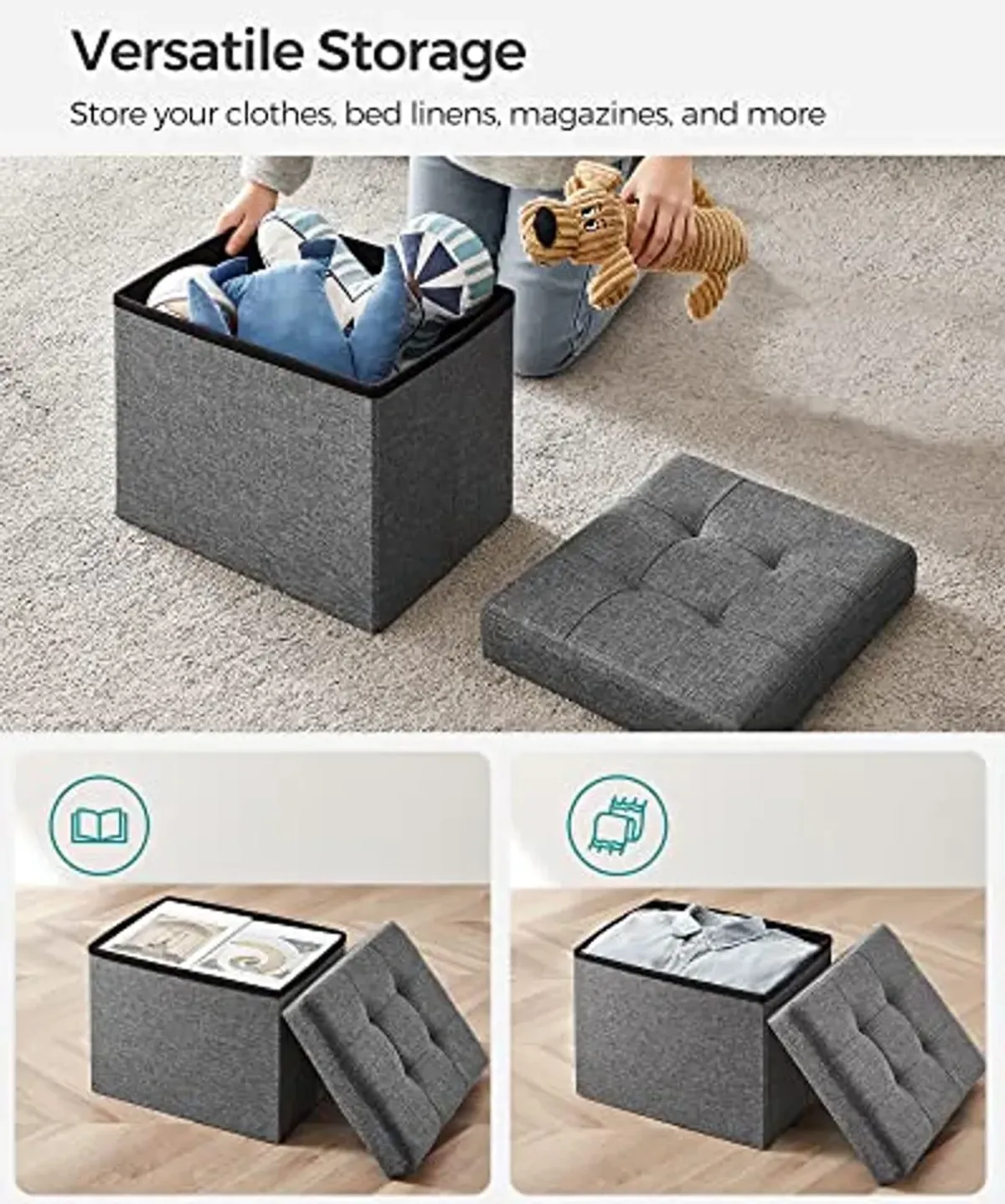 SONGMICS 30 Inches Folding Storage Ottoman Bench, Storage Chest & Folding Storage Ottoman, Storage Bench, Cube Footrest, 12.2 x 16.1 x 12.2 Inches, 286 lb Capacity,Dark Gray ULSF102G01