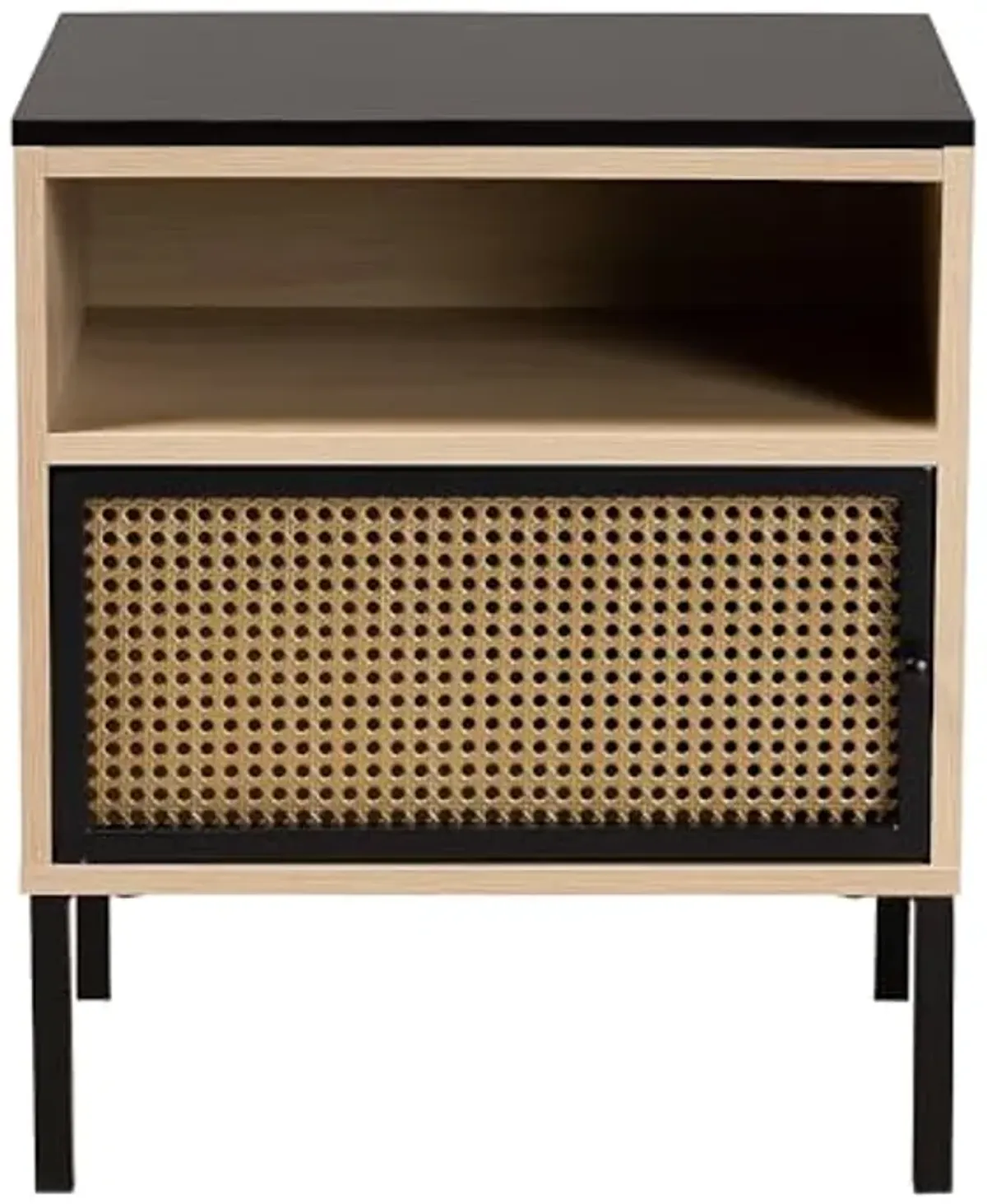 Baxton Studio Felton Mid-Century Modern Two-Tone Black and Gold Metal and Light Brown Finished Wood 1-Door End Table