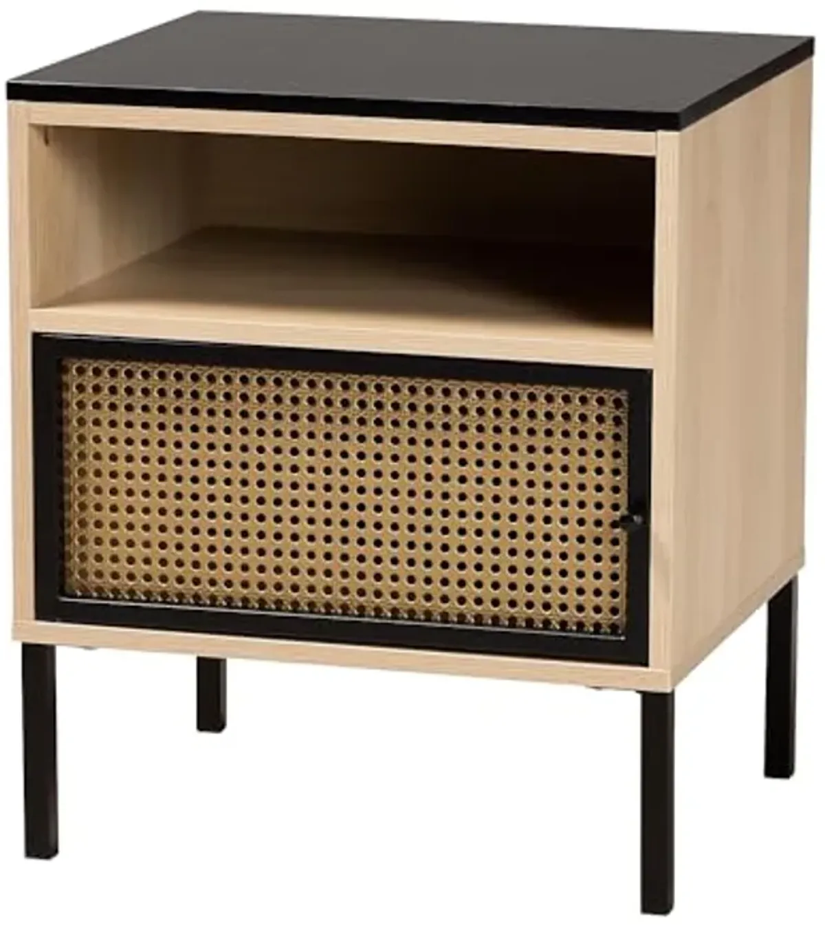 Baxton Studio Felton Mid-Century Modern Two-Tone Black and Gold Metal and Light Brown Finished Wood 1-Door End Table