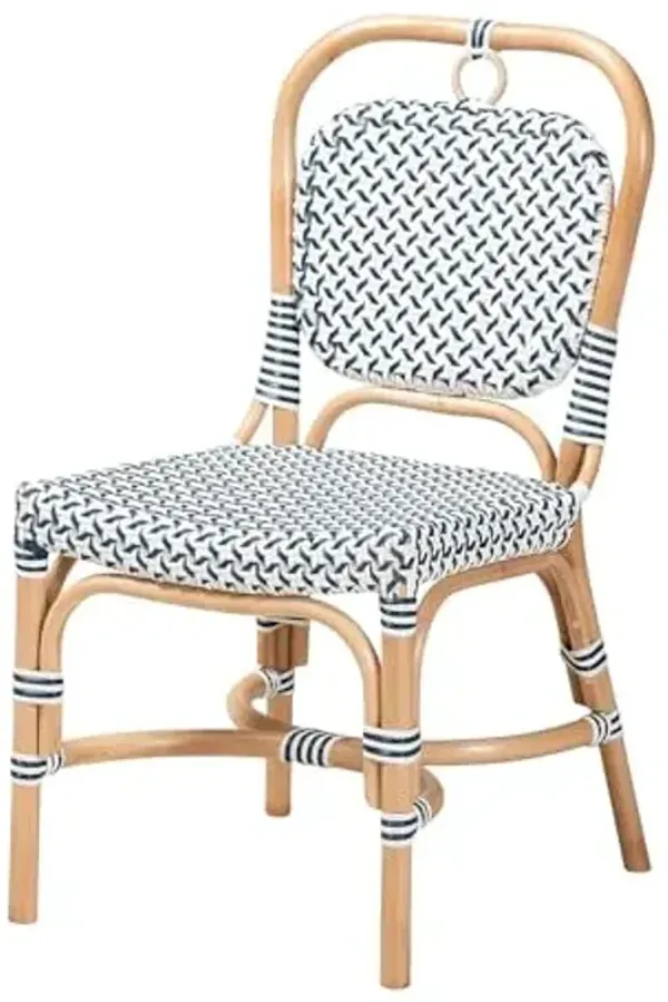 Baxton Studio Luciana Modern French Blue and White Weaving Natural Rattan Bistro Chair