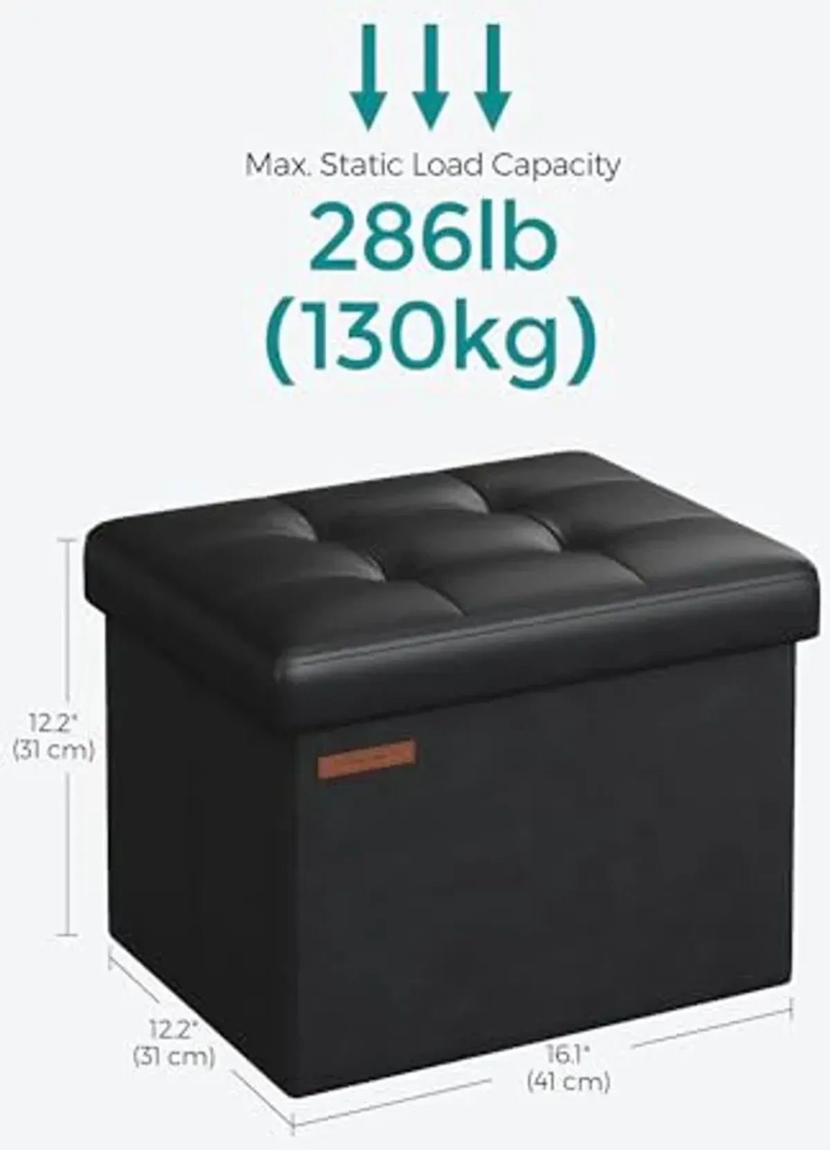 SONGMICS Small Folding Storage Ottoman, Foot Rest Stool, Cube Footrest, Synthetic Leather, 12.2 x 16.1 x 12.2 Inches, 286 lb Capacity, for Living Room, Bedroom, Dorm, Ink Black ULSF100B01